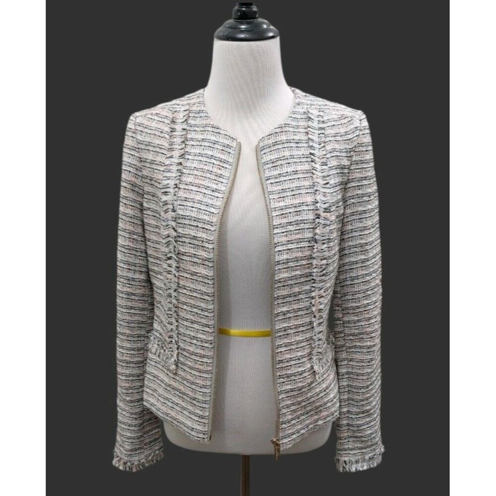Karl Lagerfeld Paris Tweed Fringe Zip Up Jacket Blazer Size 2 Pink Black White
